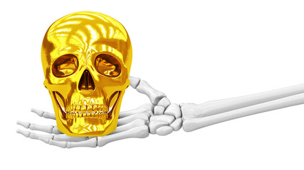 Golden skull in skeletal hand. 3D Illustration.