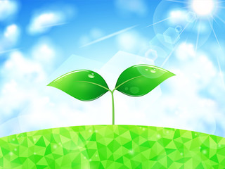葉っぱ_エコ_つやつや_双葉_ポリゴン草原と空イラスト