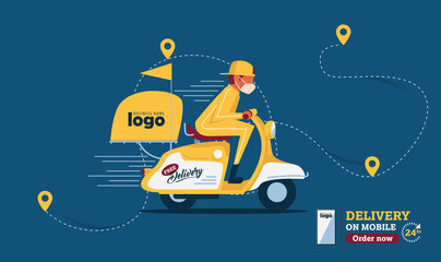 Vector The food delivery man ride yellow scooter to deliver food.Instagram Posts Featuring Food Delivery.Online Delivery Service Web Banner.E-commerce concept.