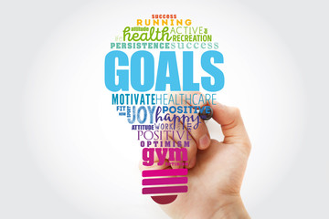 GOALS light bulb word cloud collage, fitness, sport, health concept background