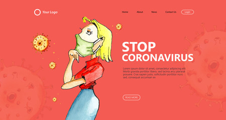 Landing page design with stop coronavirus illustration watercolor