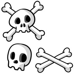 Human skull and crossbones. Dead man's head. Pirate flag Jolly Roger. Funny cartoon flat illustration. Set of symbol of robbers and Halloween