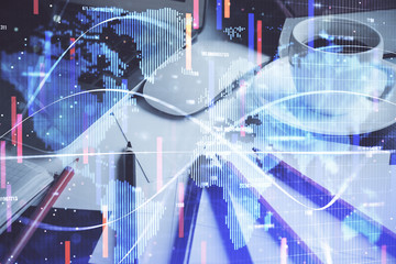 Double exposure of business theme icons and work space with computer background. Concept of success.