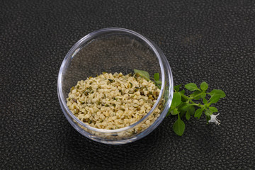 Peeled hemp seeds in the bowl