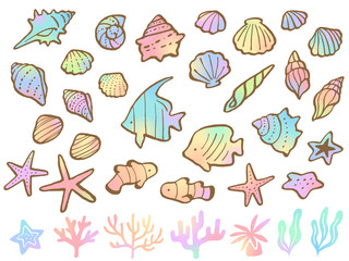 カラフルなグラデーションの海モチーフのイラストセット