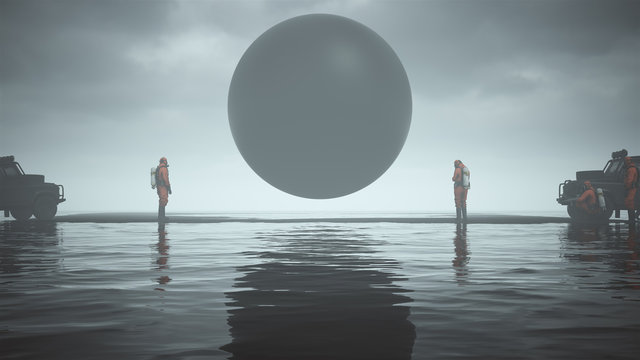 Mysterious Black Geo Sphere Floating  On Black Sand Surrounded By Water And Men In Hazmat Suits 3d Illustration 3d Render  