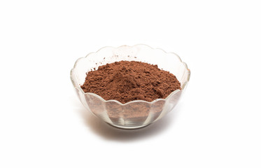  Cocoa Powder in glass pot on white backgroud