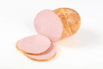 Tasty meat sausages over white background