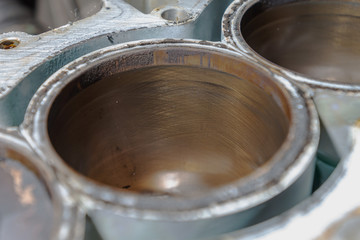 Six cylinders engine block with pistons