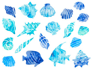 海の貝殻と熱帯魚の青い水彩風イラストセット