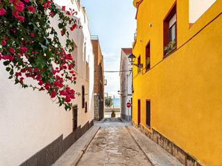 The street leading to the beach and the sea in Masnou port town. A yellow and white building on the sides with red flowers hanging from the wall. El Masnou, Barcelona, Catalunya, Spain.