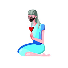 Vector colorful image of an elderly gray-haired lady dressed in a black medical mask and a blue suit, who is on her knees, an icon of a heart in her praying hands, isolated on white.