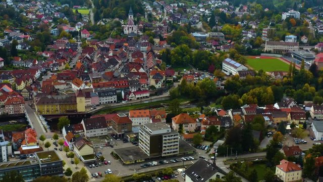 Aerial view of the city  Gernsbach in Germany on a cloudy day in autumn, fall. 