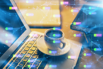 Double exposure of desktop computer and technology theme hologram. Concept of software development.