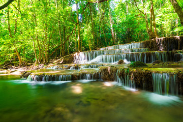 Fototapeta na wymiar Waterfall in tropical deep forest green tree sunlight