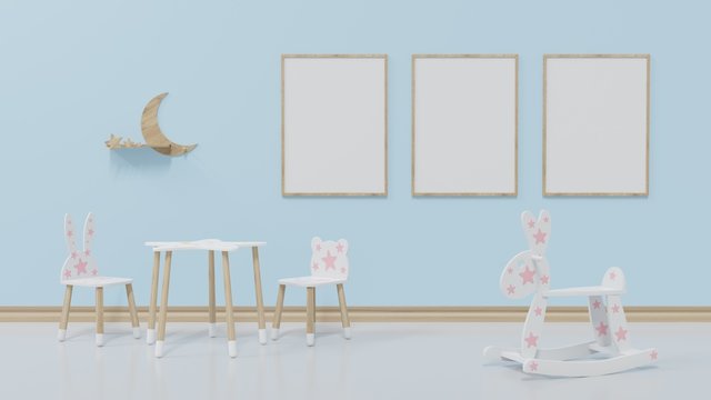 Mock up children's room has a 3 picture frame on the blue wall with a chair and bench in front.