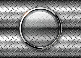 Glossy button over metallic diamond plate sheet metal texture