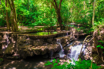 Naklejka na ściany i meble Waterfall in tropical deep forest green tree sunlight