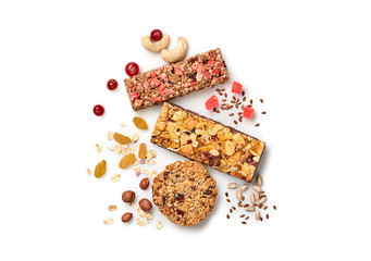 Granola bar with nuts and dry fruit berries. Energy cereal healthy snack. Fitness diet food....