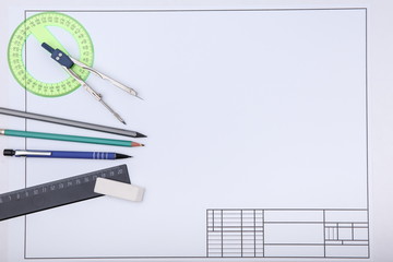 education concept. composition with drafting accessories and drafting paper with copy space