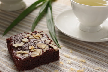 A delicious homemade brownie with earl grey in the afternoon tea.