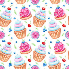 Seamless pattern with Watercolor cupcakes and berries. Bright Sweets for Birthday postcard, Greeting card. Background  for holiday and party. Textile print. Artistic design with food  for cafe. 