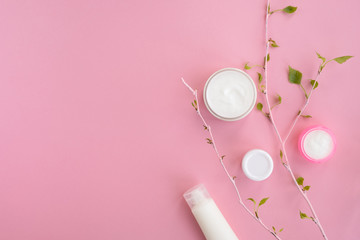 Cosmetic products and branch with green leaves on light pink background. Beauty and skin care concept. Top view, flat lay, copy space