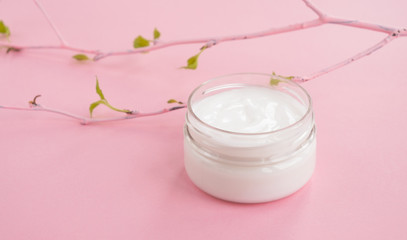 Jar with cream and a branch with green leaves on light pink background. Beauty and skin care concept. Copy space, close up, banner