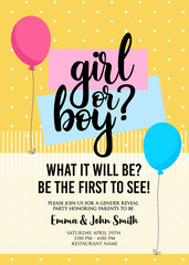 Girl or boy? Gender reveal party invitation card vector design