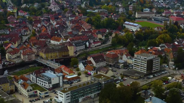 Aerial view of the city  Gernsbach in Germany on a cloudy day in autumn, fall. 