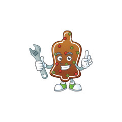 A mechanic gingerbread bell mascot character fix a broken machine