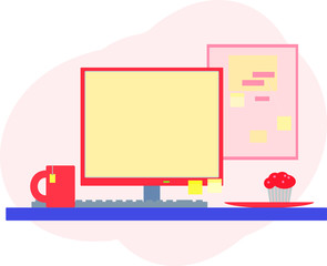 Computer on a table top with keyboard and monitor, cake on plate and cup with tea. Vector element. Working place with note board on wall.