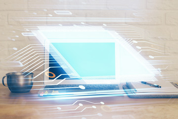 Double exposure of computer and technology theme hud. Concept of innovation.