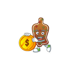 Gingerbread bell rich cartoon character have big gold coin