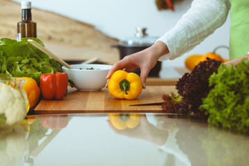 Unknown human hands cooking in kitchen. Woman slicing yellow bell pepper. Healthy meal, and vegetarian food concept