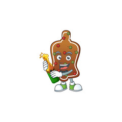 Mascot cartoon design of gingerbread bell making toast with a bottle of beer