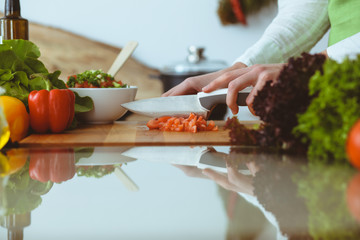 Unknown human hands cooking in kitchen. Woman slicing red tomatoes. Healthy meal, and vegetarian food concept