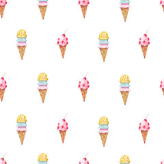 Hand drawn watercolor seamless pattern with cone cherry ice cream. Cute background. Illustration for restaurant menu, textile design, print. Cartoon, isolated.Vanilla, pink, cherry,  banana, pistachio