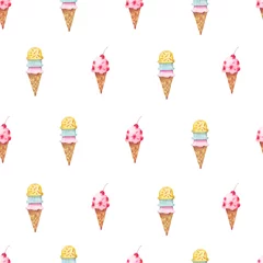 Wallpaper murals Watercolor set 1 Hand drawn watercolor seamless pattern with cone cherry ice cream. Cute background. Illustration for restaurant menu, textile design, print. Cartoon, isolated.Vanilla, pink, cherry,  banana, pistachio