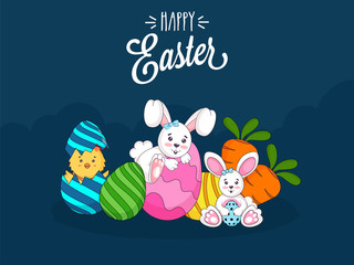 Cute Easter Bunny, Chick, Colorful Eggs, and Carrots on Teal Blue Background. Happy Easter.