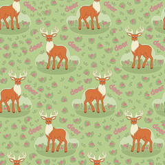 Deer in a clearing with leaves and berries children's pattern