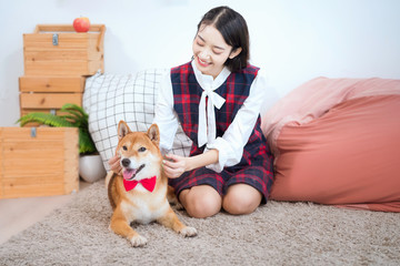 Pet Lover concept. A girl with a Shiba Inu dog on a sofa in a white Japanese-style living room.