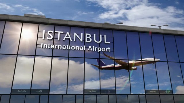 Jet aircraft landing at Istanbul, Turkey 3D rendering animation. Arrival in the city with the glass airport terminal and reflection of the plane. Travel, business, tourism and transport concept.
