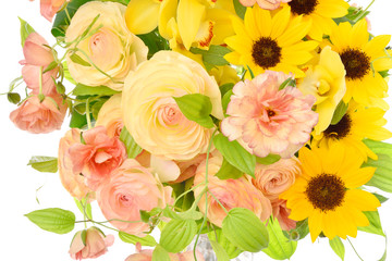 Flower arrangement on white background : Sunflower, Ranunculus, Cymbidium, Stemona japonica