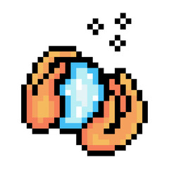 Two hands with foamy bubbly blue bar soap, pixel art icon isolated on white background. Coronavirus protection. Important personal hygiene rule. Hand washing concept. 8 bit Covid-19 pandemy prevention