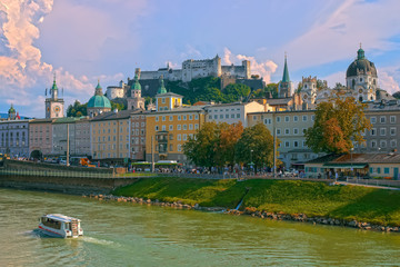 Salzburg skyline with Festung Hohensalzburg and Salzach river in summer, Salzburg, Salzburger Land,...
