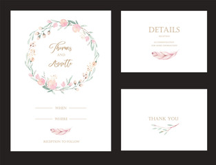 Vector set of invitation cards with watercolor flower protea and gold elements. Wedding bouquet collection