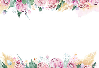 Watercolor floral frame with pink protea and gold shapes. Greeting, banner design decoration