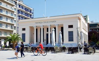 Bank of Greece,  Volos city , seafront in the morning, snapshots of daily life, public buildings,...