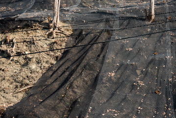 Strengthening the mountain slope with a metal mesh that prevents rockfall on the road. Abstract background of the security concept.